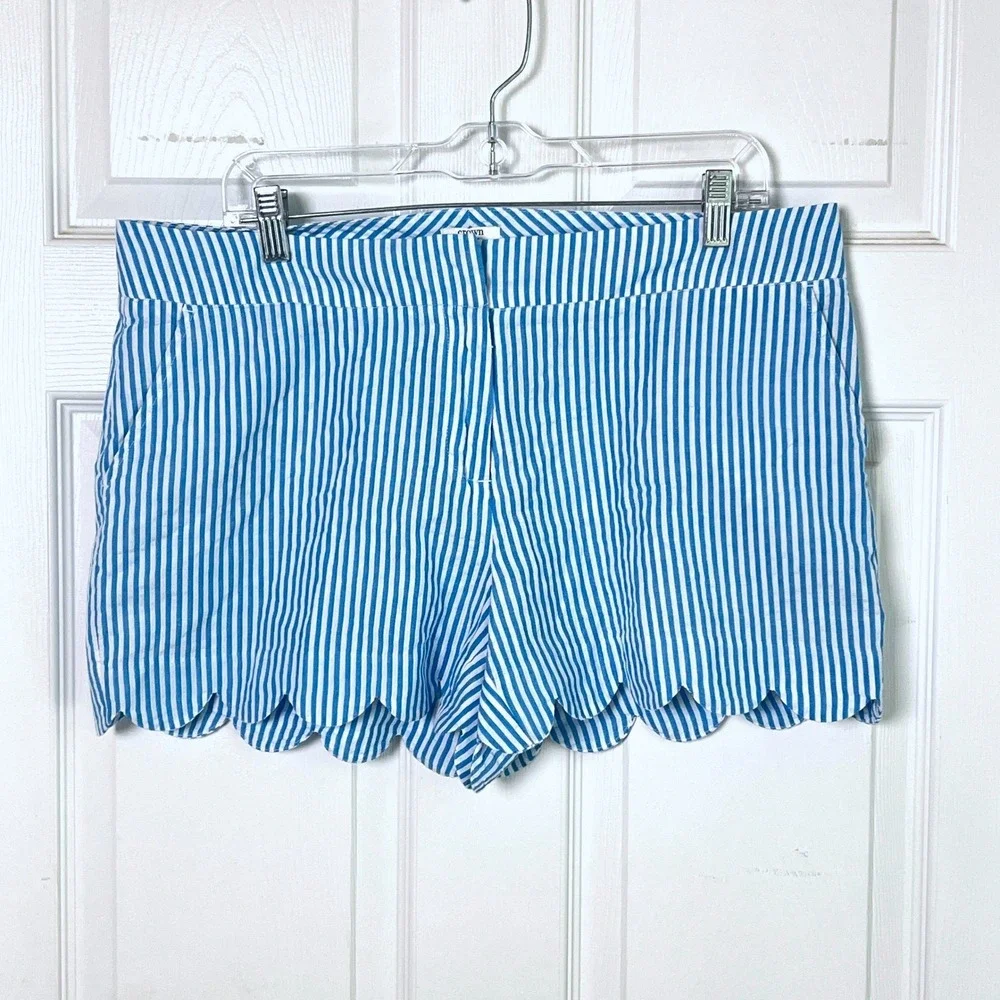 Scalloped Seersucker Shorts Women 12P Striped Blue White Cotton Preppy Coastal